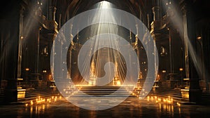 Background of a cathedral inside with sun rays and smoke, space for photomontages and copy space. Generative AI photo