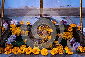 Sacred Shiva Shila Close-Up at Ekeshwar Mahadev Temple, Pauri Garhwal, Uttarakhand, India - Hindu Culture and Religion