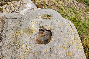 Sacred stones `Sledovik` and `Chashechnik` in the area of the village of Krasnogorye old name Vedmino