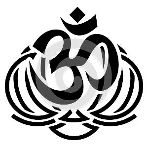 The sacred symbol OM on lotus flower. Element for design. Vector monochrome illustration