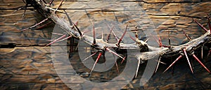Sacred Symbolism: An Authentic Crown of Thorns on a Wooden Background - Easter Theme
