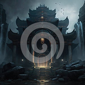 sacred temple devoted to the underworld, fantasy art, AI generation