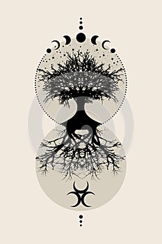 Sacred tree and crescent moon. Triple Goddess Mystical Moon Phases, tree of life, Sacred geometry. Mother Earth Wicca banner old