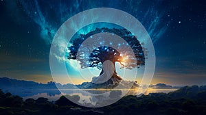 Sacred Tree Of The Norse Mythology. Illuminated Yggdrasil The Legendary World Tree Of Vikings. Generative AI photo