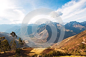 Sacred Valley harvested wheat field in Urubamba Valley in Peru photo
