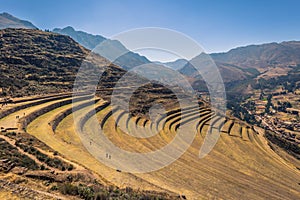 Sacred Valley, Peru - August 02, 2017: Ancient ruins of Pisac in