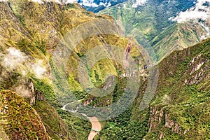 Sacred Valley and Urubamba river view from Wayna Picchu mountain , Peru