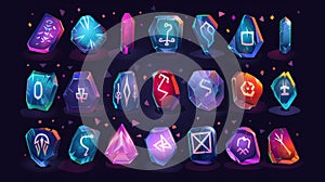 Sacred white rune stones isolated on dark background. Modern cartoon set of colored stones with magic signs.