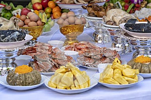 Sacrificial offering food for pray to god and memorial to ancestor, Bangkok, Thailand. Traditional offerings to gods with food,