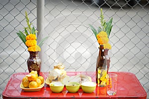 Sacrificial offering food for pray to god and memorial to ancestor in Chinese new year.