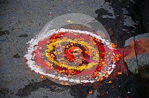 Sacrificial offering and Rangoli powder or sand paint coloured nepalese style for nepali people respect praying rite offer to