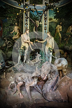 Sacro Monte di Varallo, Piedmont, Italy, June 02 2017 - biblical characters scene representation of Adam and Eve in the Eden photo