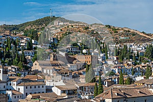 Sacromonte hill viewed from Alhambra fortress in Granada, Spain