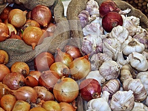 Sacs of onions and fresh garlic tubers