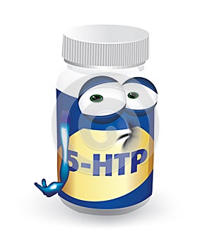 Sad 5-HTP, depressed pills bottle cartoon character illustration with unhappy eyes