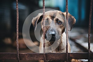 Sad abandoned hungry dog behind old rusty grid of the cage in shelter for homeless animals.