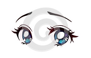 Sad anime style big blue eyes. Hand drawn vector cartoon illustration