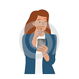 Sad anxious character with mobile phones, reading bad news, message in internet. Upset shocked