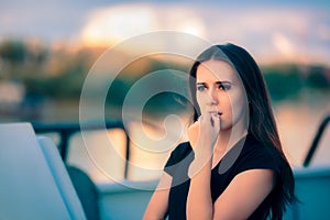 Sad Anxious Woman Traveling on Water Dealing with Phobia