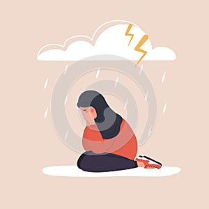 Sad arab woman sitting under rainy cloud. Depressed teenager in hijab crying. Mood disorder concept. Unhappy girl needs