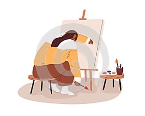 Sad artist at blank canvas. Creative crisis and burnout concept. Depressed uncreative woman painter with lack of ideas