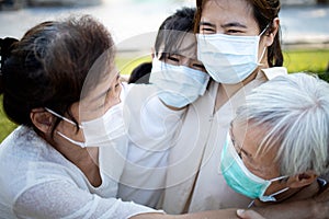 Sad asian family wearing medical mask crying,suffer from grief,great loss of her family infected,fight the Covid-19,Coronavirus