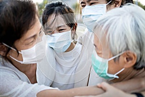 Sad asian family wearing medical mask crying,suffer from grief,great loss of her family infected,fight the Covid-19,Coronavirus