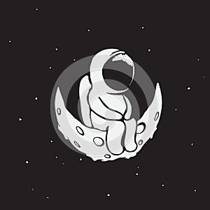 Sad astronaut sits on crescent moon