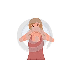 sad Beautiful blonde hair woman making thumbs down sign with both hands. Doslike , unhappy ,unsatisfied. Flat vector cartoon