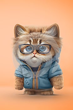 sad beautiful cat baby boy 3d image with glasses and a winter jacket on a bright orange background, vertical