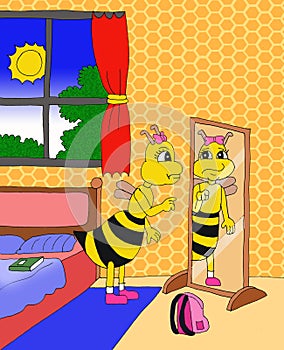 Sad bee is looking at the mirror in her room cartoon illustration
