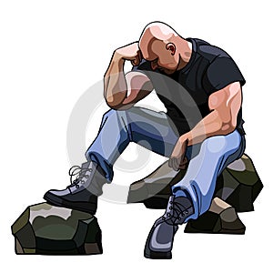 Sad big bald man sitting on the rocks