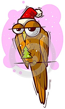 Sad bird in christmas hat with fir tree in beak