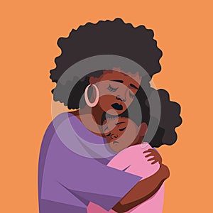 Sad black woman hugging a little frustrated preschool child. American loving mother.