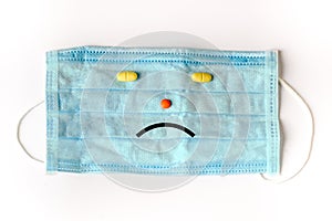 Sad blue face mask designed with pills