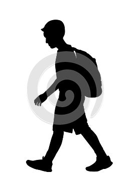 Sad boy with backpack going to school vector silhouette illustration. Back to school, kid walking, education trouble.