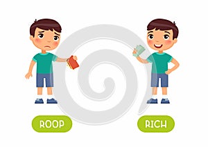 Sad boy with empty wallet and child with money flat illustration with typography.