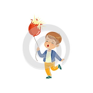 Sad boy holding bursting balloon vector Illustration on a white background