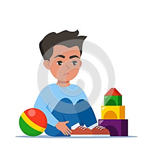 Sad boy sitting on floor surrounded by toys. Autism, child stress, mental disorder, anxiety, depression, stress, headache. Vector