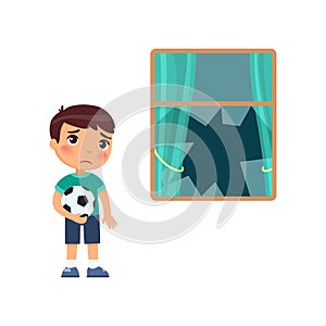 Sad boy with a soccer ball and a broken window. Little bully. Child psychology