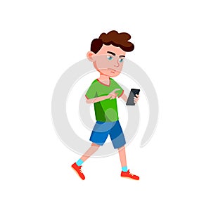 sad boy walking on street and play game on smartphone cartoon vector