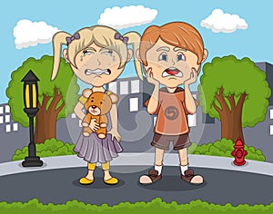 Sad boys and girls crying in the street with city background cartoon