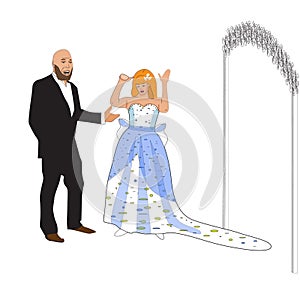 Sad bride gesturing and crying. Vector illustration