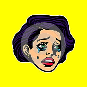 Sad broken-hearted crying woman face pop art vintage cartoon style illustration