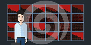Sad broker on stock exchange background, pixel art video game style illustration