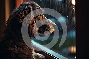 Sad brown dog looking away by window and waiting for his owner. Alone pet at home