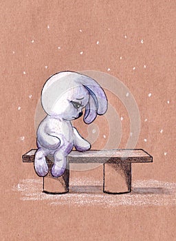Sad Bunny on the bench, raster illustration.