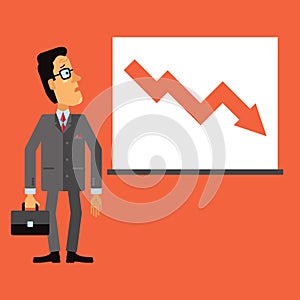 Sad business man look at a chart or graph. Down arrow, representing the drop in business.