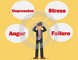 Sad business man overburdened by stress, depression, anger, failure. Entrepreneur business person negative emotions burden nd photo