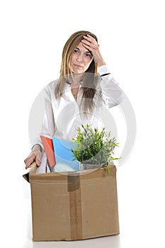 Sad Business Woman carrying Cardboard Box fired from Job